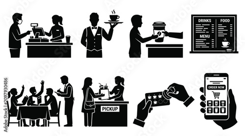 Fotografía Coffee shop service featuring baristas, customers, menus, ordering apps, loyalty