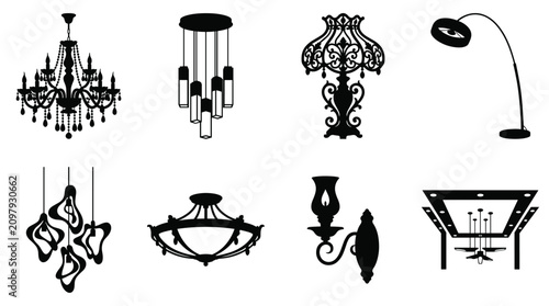 Tableau sur toile Decorative lighting collection featuring black silhouettes of crystal chandelier