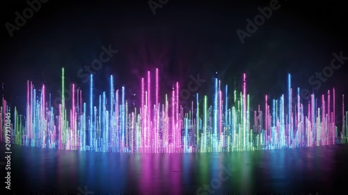 Colorful sound wave visualization with vibrant vertical bars in shades of pink, blue, and green, reflecting on a dark surface in a dynamic display of light