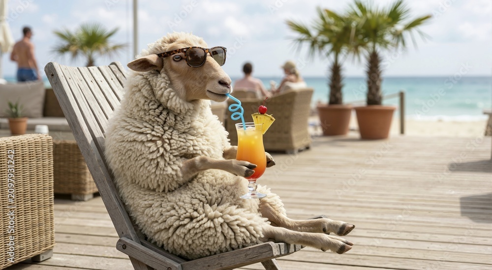 Fototapeta premium Funny sheep wearing sunglasses and drinking a tropical cocktail on a beach. Humorous summer vacation concept with an animal relaxing at a resort