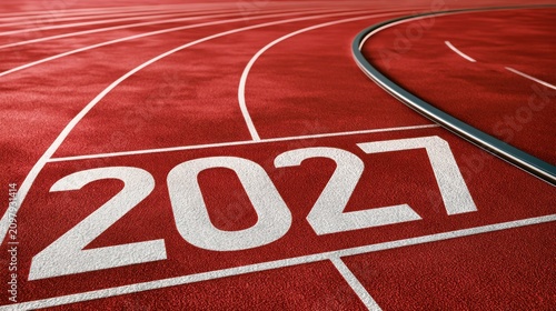 Red athletics running track with white lane markings displaying large 2027 number symbolizing future year goal sports competition athletic training and running track curve