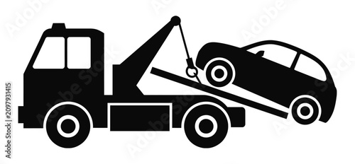 Tow truck icon featuring car being towed for roadside assistance, vehicle recovery, and transport vector illustration