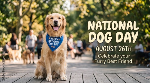 Happy golden retriever sitting outdoors celebrating national dog day