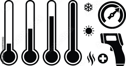 Foto Temperature measurement and weather thermometer black silhouette icon set with i