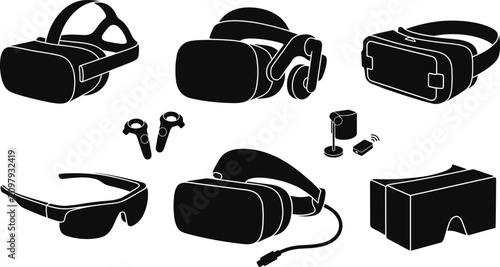 Foto Virtual reality and gaming headset black silhouette icon set with vr goggles con