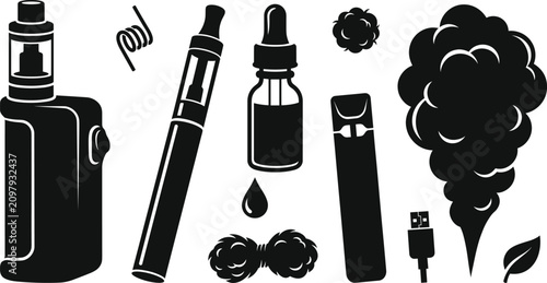 Foto Vaping and electronic cigarette silhouette icons set featuring vape mod pen pod