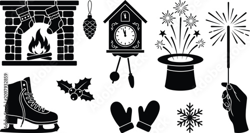 Photos Winter holiday and Christmas black silhouette icon set featuring fireplace cucko
