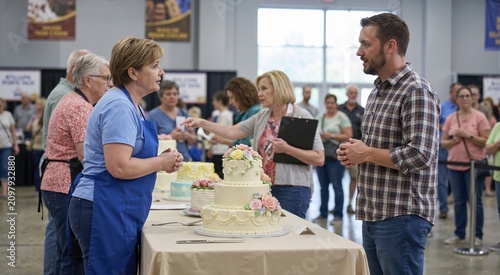 Baker and judge discussing a decorated tiered cake at a competition. People attending an indoor state fair baking contest