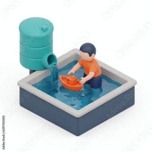 Person playing in a water harvesting system with toy boat