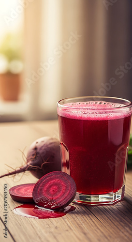 Fresh beetroot juice in a glass with slices
