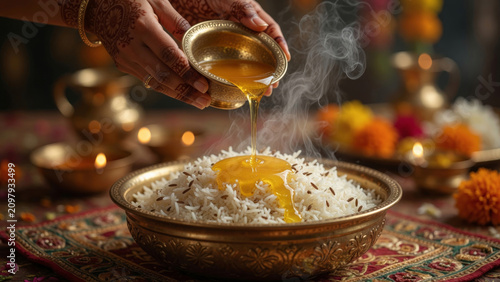 Hands with henna pouring ghee over steaming rice in traditional brass bowl, representing indian cuisine and ritual