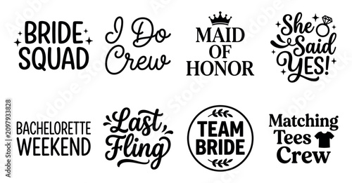 Photos Set of black wedding and bachelorette party calligraphy quotes for shirts cards and bridal decorations Minimal Typography text bundle collection