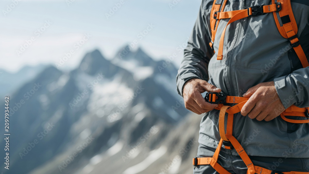 Fototapeta premium Climber securing safety equipment, preparing for a challenging ascent on a high altitude peak