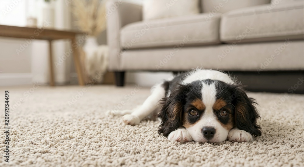 Naklejka premium Tricolor Cavalier King Charles Spaniel puppy lying on a beige shag carpet. Cute young dog resting on the floor in a modern living room