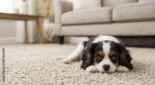 Tricolor Cavalier King Charles Spaniel puppy lying on a beige shag carpet. Cute young dog resting on the floor in a modern living room