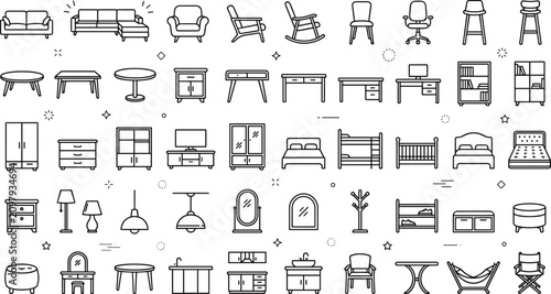 Bild auf Leinwand Home furnishing line icons set featuring upholstered sofas wooden wardrobes beds