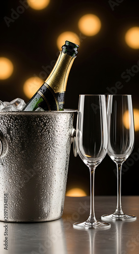 Champagne bottle in ice bucket with wine glasses