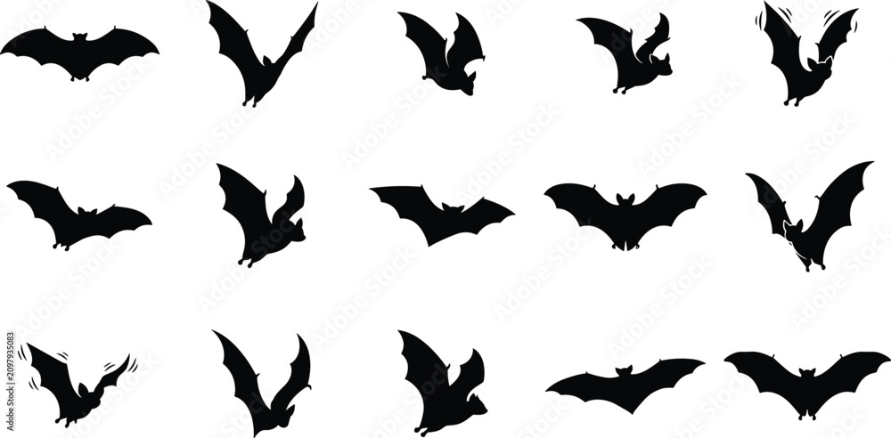 Fototapeta premium Halloween Bat Silhouette Clipart Bundle with Flying Bat Shapes and Spooky Vector Collection