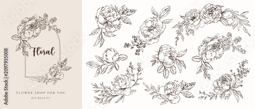 Set of floral line art bouquets. Flowers and leaves botanical hand drawn arrangements frame, wreath. Vector illustration for wedding invitation save the date card
