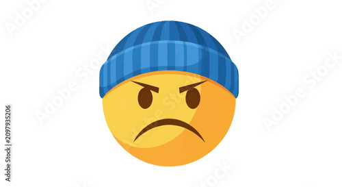 Schilderij op canvas Angry yellow emoji face wearing blue knit beanie