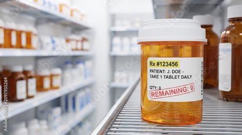 Prescription medicine bottle in pharmacy during medication shortage, healthcare supply issues, patient concern, medical access, public health.