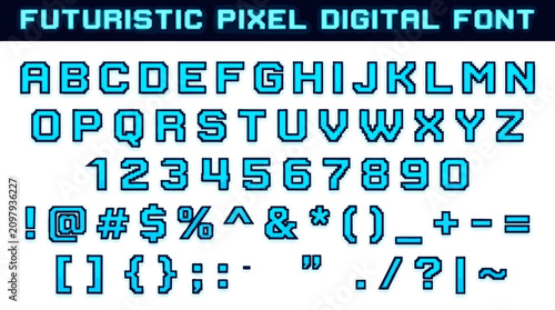 Futuristic pixel digital font. Retro gaming alphabet and numbers for modern tech graphic design.