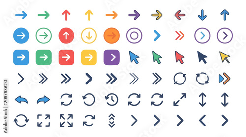 Colorful arrow icon set for web design. Vector navigation symbols for user interface and app buttons.