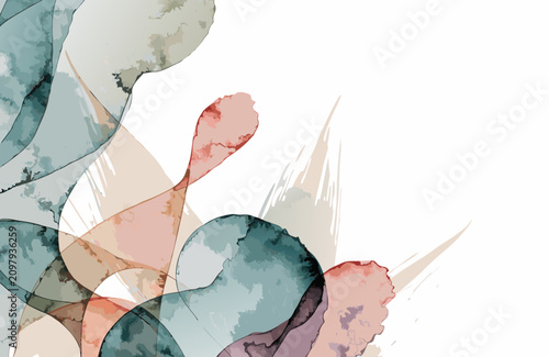 Abstract watercolor splashes and organic shapes in soft pastel tones with dark ink accents on white background