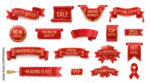 Red ribbons and sale banners set. Decorative vintage labels for marketing and promotional events.