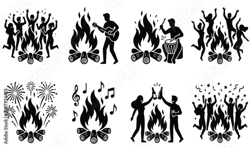 Art & Set of bonfire party icons featuring people dancing, music, celebrations, and festive outdoor gatherings