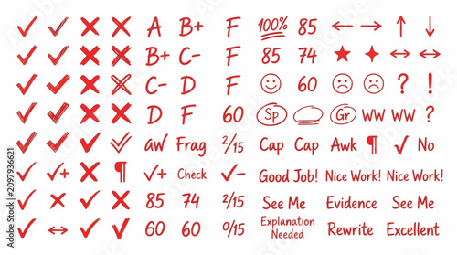 Handwritten teacher grading marks and feedback icons. Red ink school assessment symbols for students.