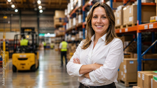 Confident female business owner smiling with arms crossed in a busy modern distribution warehouse facility full of inventory and workers