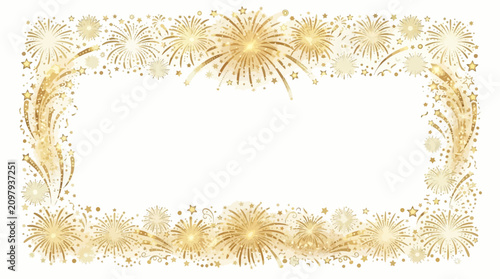 Gold fireworks border frame design. Festive celebration background with sparkling light explosions.