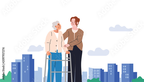 Young Woman Helping Elderly Person with Walker in City, Flat Illustration