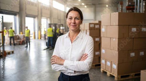 Confident smiling professional woman manager with arms crossed standing in busy warehouse logistics facility