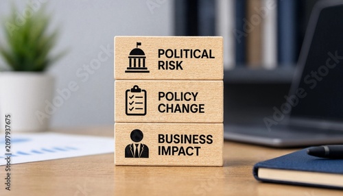 Wooden blocks with business and political risk management terms on a desk in an office  political risk policy change business impact