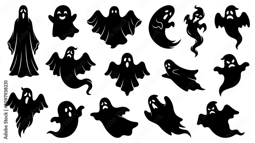 Fototapeta premium A collection of various hand-drawn white pumpkin with different carved faces isolated on a solid black background, for seasonal holiday decor