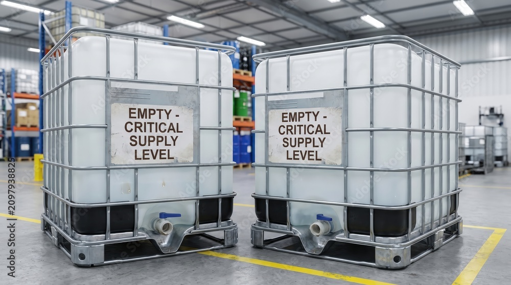 Naklejka premium Industrial liquid storage container with low reserve level, water shortage, utility infrastructure, resource management, emergency preparedness.