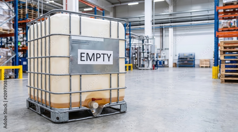 Naklejka premium Industrial liquid storage container with low reserve level, water shortage, utility infrastructure, resource management, emergency preparedness.
