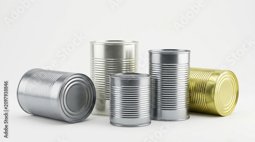 фотографія Five metal tin cans on a clean white background studio