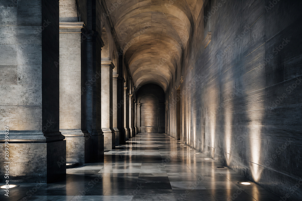 Naklejka premium A long, dimly lit stone hallway with arches and columns receding into the distance.
