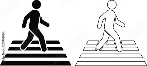 Pedestrian crossing icon in solid black and outline on white background for safety and accessibility concepts