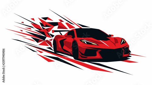 Dynamic red sports car illustration with speed lines and geometric elements, depicting fast motion and modern design.