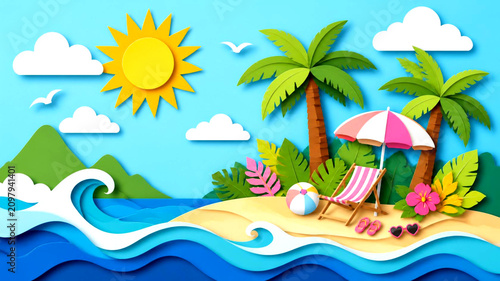 Sunny Tropical Beach Landscape with Palm Trees Ocean Waves Blue Sky and Summer Vacation Illustration