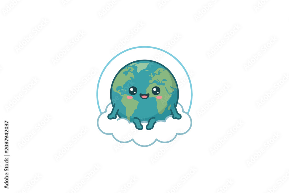 Obraz premium A cute cartoon Earth character sitting on a fluffy white cloud with a rainbow arch.