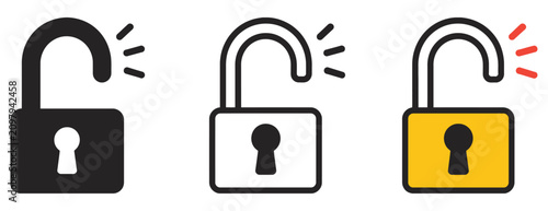 Unlocked padlock icon set with solid black, outline, and colored variations for access control and interface design