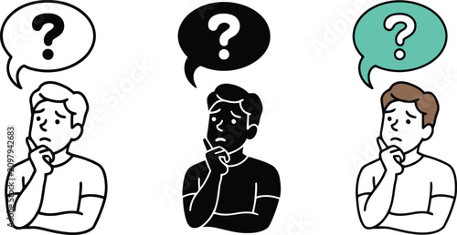 Bild auf Leinwand Pensive man thinking with question vector illustration