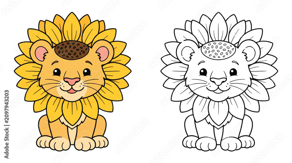Fototapeta premium Cute cartoon lion cub with sunflower mane line and color. Vector illustration for kids coloring page.