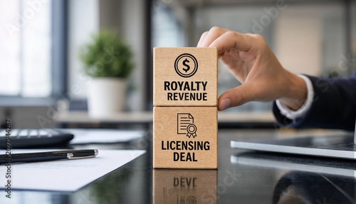 Business concept of royalty revenue and licensing deal with wooden blocks on office desk with hand  business and finance growth