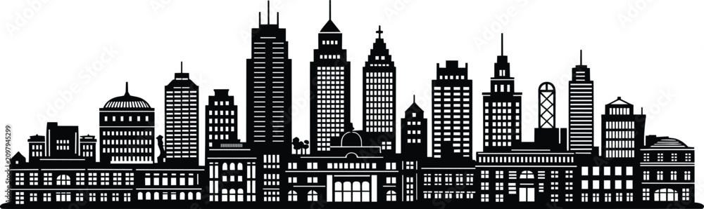Fototapeta premium City skyline silhouette featuring tall skyscrapers and corporate office buildings in a modern urban metropolitan area panoramic view
